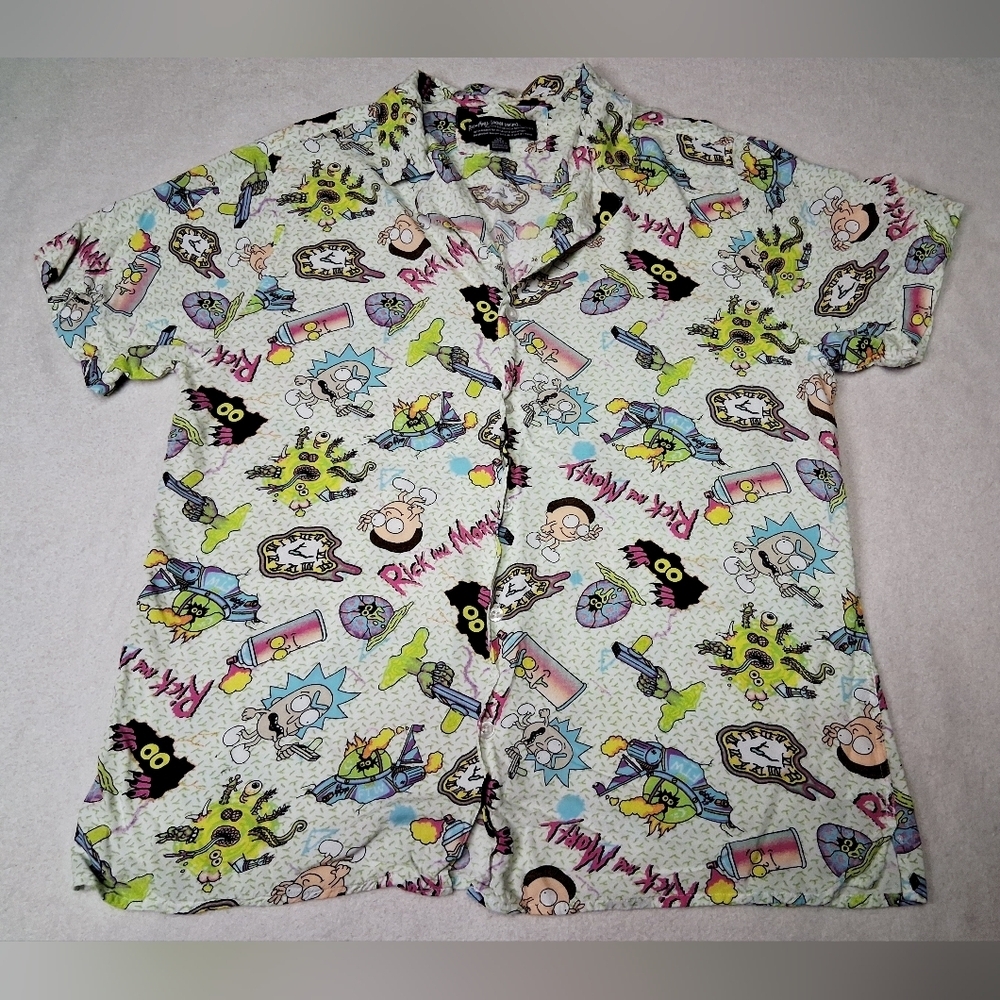 Rick And Morty Men's Cartoon Print Swim Button Down Shirt  Multicolor